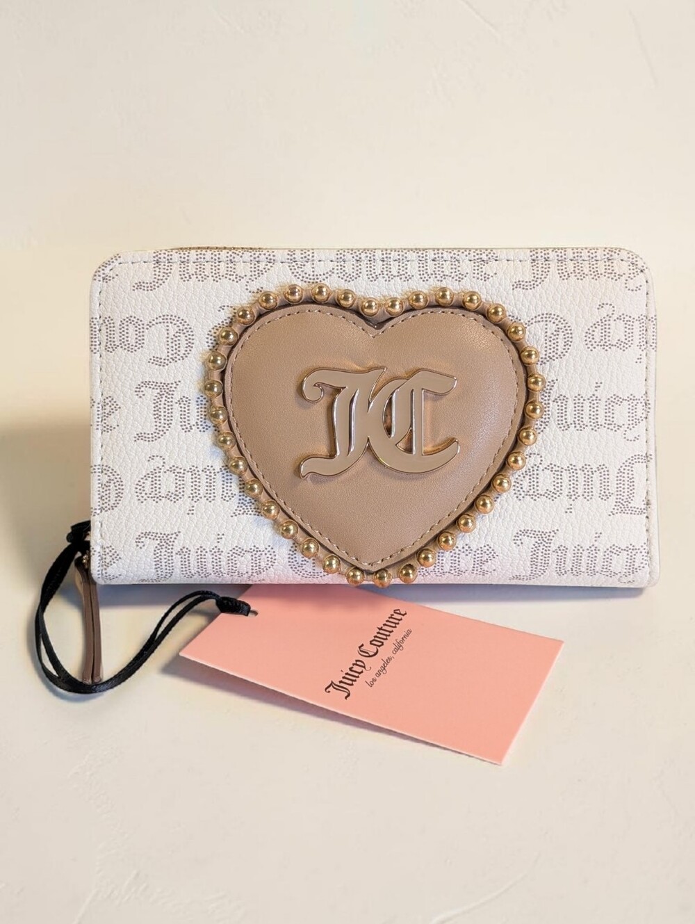 Juicy Couture Love Never Dies Bifold Wallet NWT Heart Logo Cream Gold